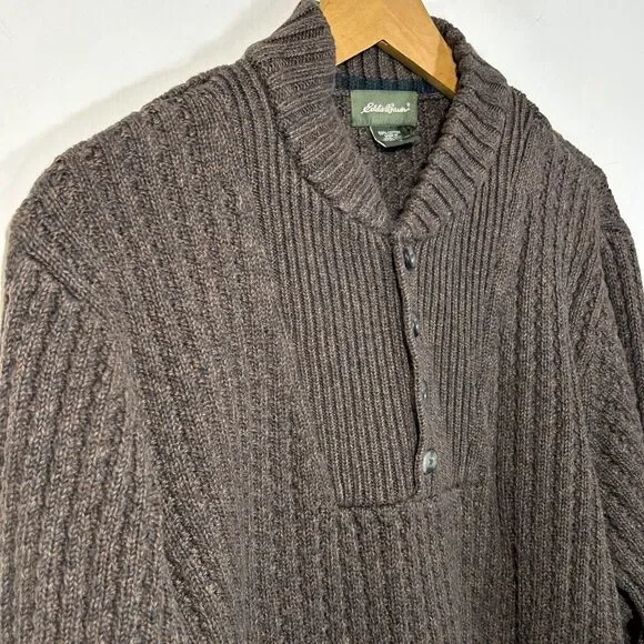 Vintage Eddie Bauer Mens L Cotton Knit Sweater 1/4 Button Brown Casual Henley - Picture 2 of 7